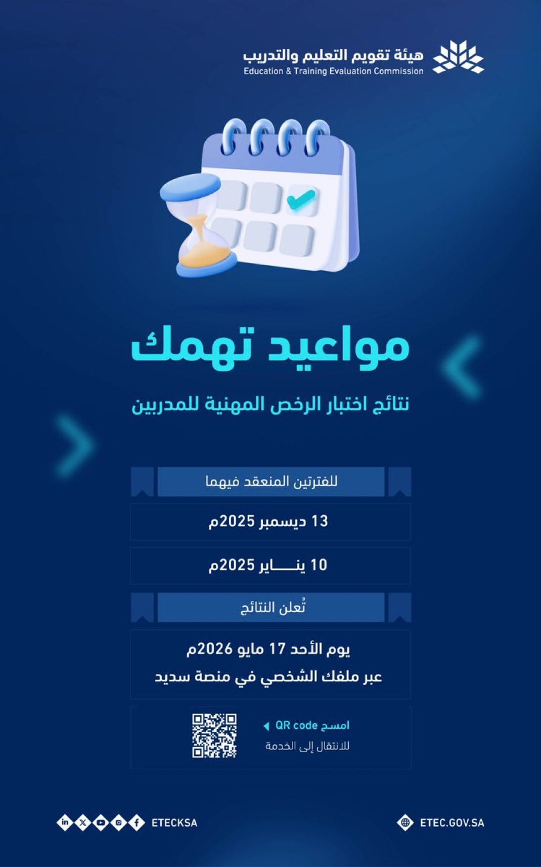 هيئة تقويم التعليم تعلن رسميًا موعد نتائج اختبار الرخص المهنية للمدربين 2026 عبر منصة سديد