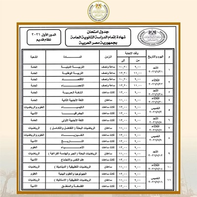 موعد جدول امتحانات الثانوية العامة 2026 في مصر للنظامين الحديث والقديم والمواد المضافة رسميًا