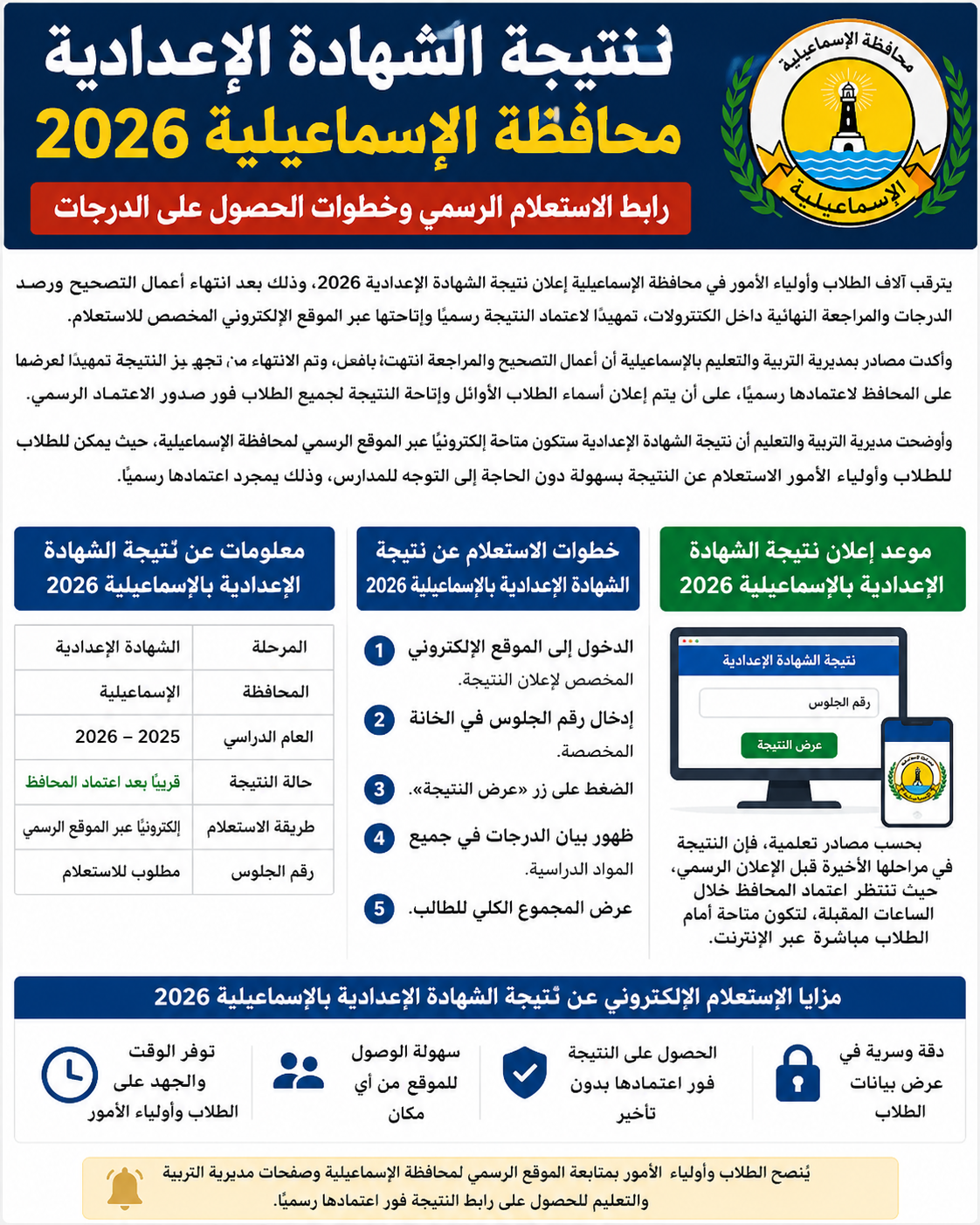 رابط نتيجة الشهادة الإعدادية محافظة الإسماعيلية 2026 وخطوات الحصول على الدرجات